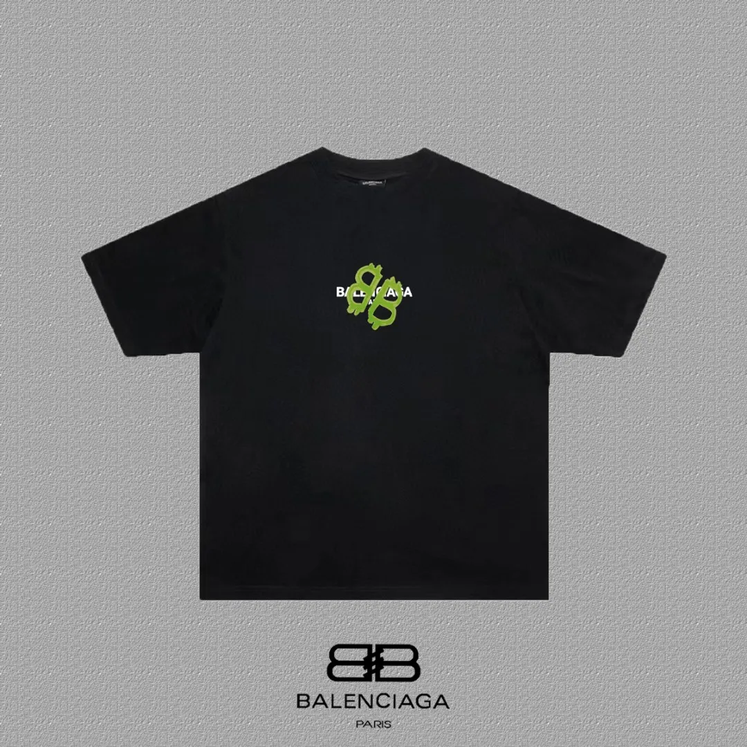 P80✨🔥 BALENCIAGA Paris lettering printed short-sleeved T-shirt, custom-woven and dyed 280g combed cotton heavyweight fabric, zero color difference in thread, perfect details, different from the current version on the market, welcome to compare, Same Style for men and women, must-sell in the picture above Color: White Black Size: 1 2 3 4